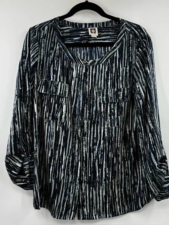 3For$20 Anne Klein Striped Button-Front Women’s Top in Navy and White size: L - Picture 1 of 4
